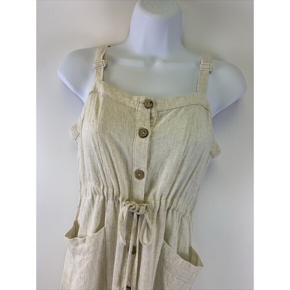 Mia Linen Tiered Dress Tank Natural Adjustable Drawstring  Pockets Button Down 8 - Picture 2 of 12